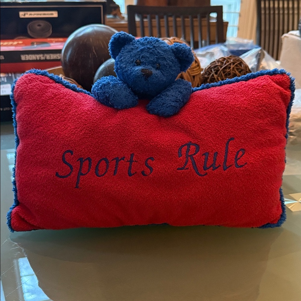 Vintage Blue and Red “Sports Rule” Plush Bear Pillow